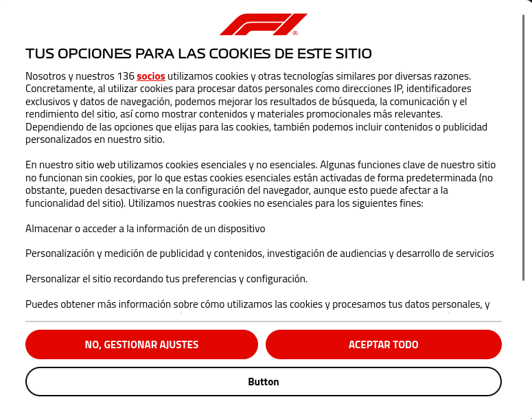 Cartel de cookies de la página de F1