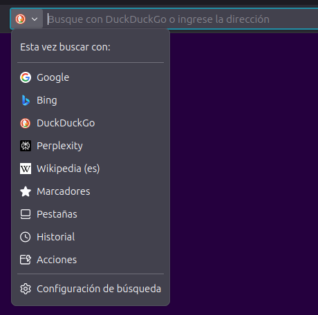 Imagen de barra del navegador con opciones de motores de búsqueda